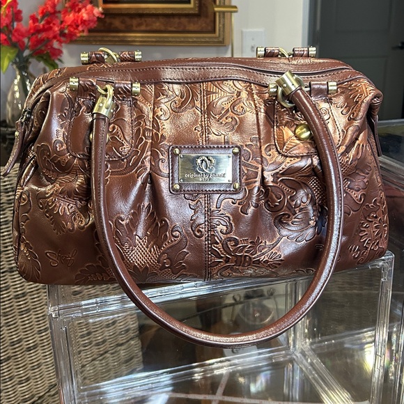 Sharif Bronze Floral Embossed Leather Satchel 14”x 9.5”x 5.25” NWOT - Picture 8 of 9